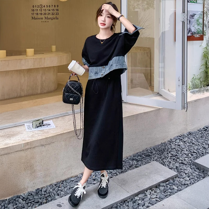 デニム切り替えスウェットワンピース