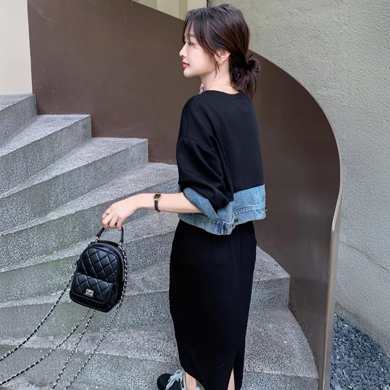 デニム切り替えスウェットワンピース