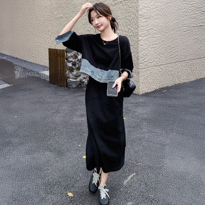 デニム切り替えスウェットワンピース