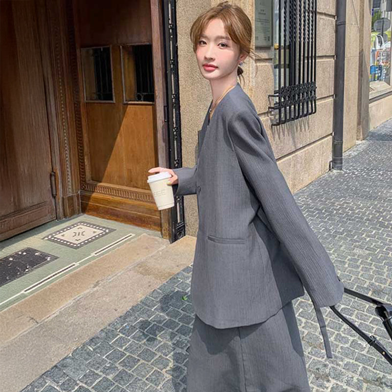 ノーカラージャケット×マキシ丈ワンピース（グレー）春/秋 オフィス