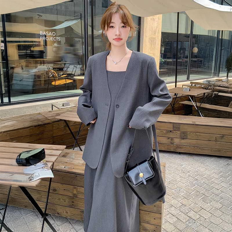 ノーカラージャケット×マキシ丈ワンピース（グレー）春/秋 オフィス