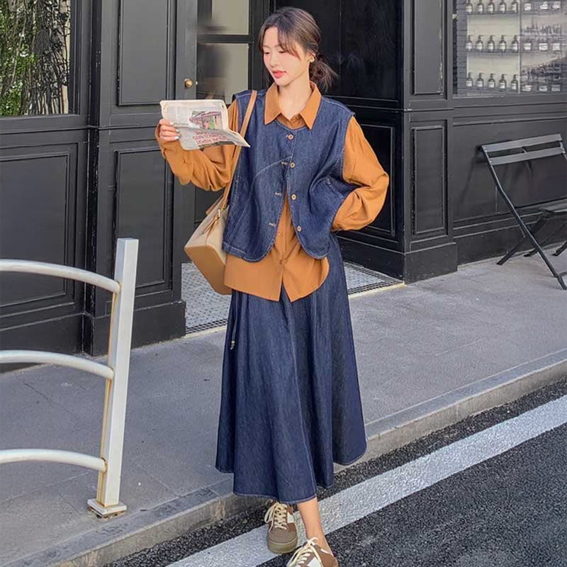 レトロデニムアンサンブル（青・茶）春/秋 インディゴデニムセットアップ