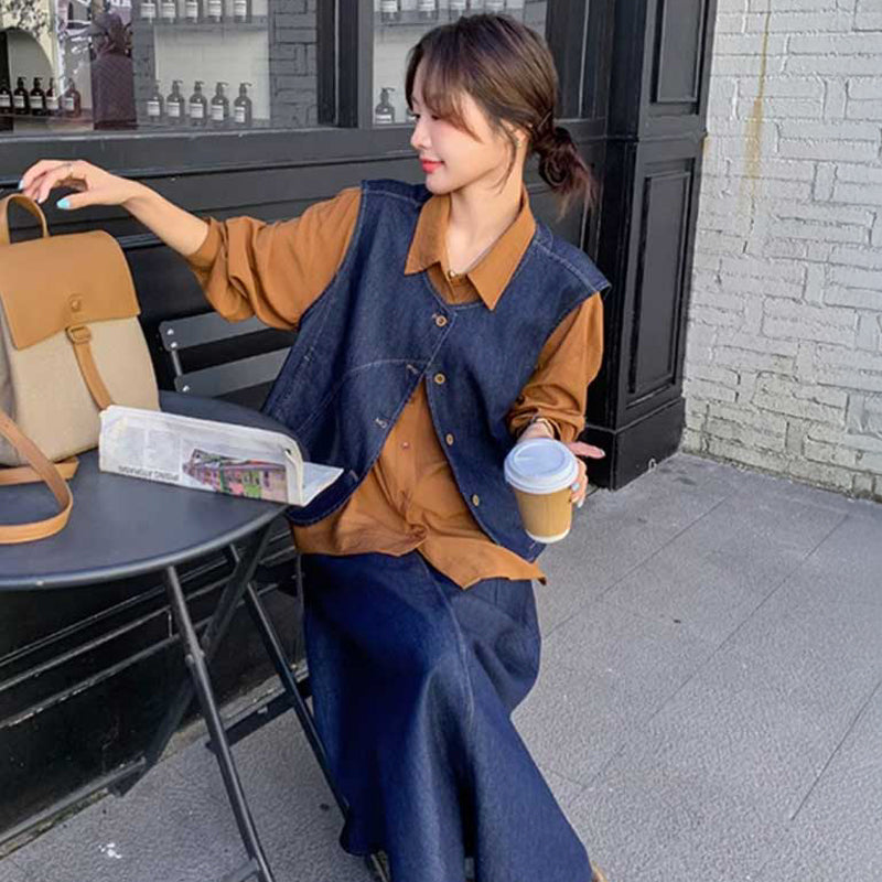 レトロデニムアンサンブル（青・茶）春/秋 インディゴデニムセットアップ