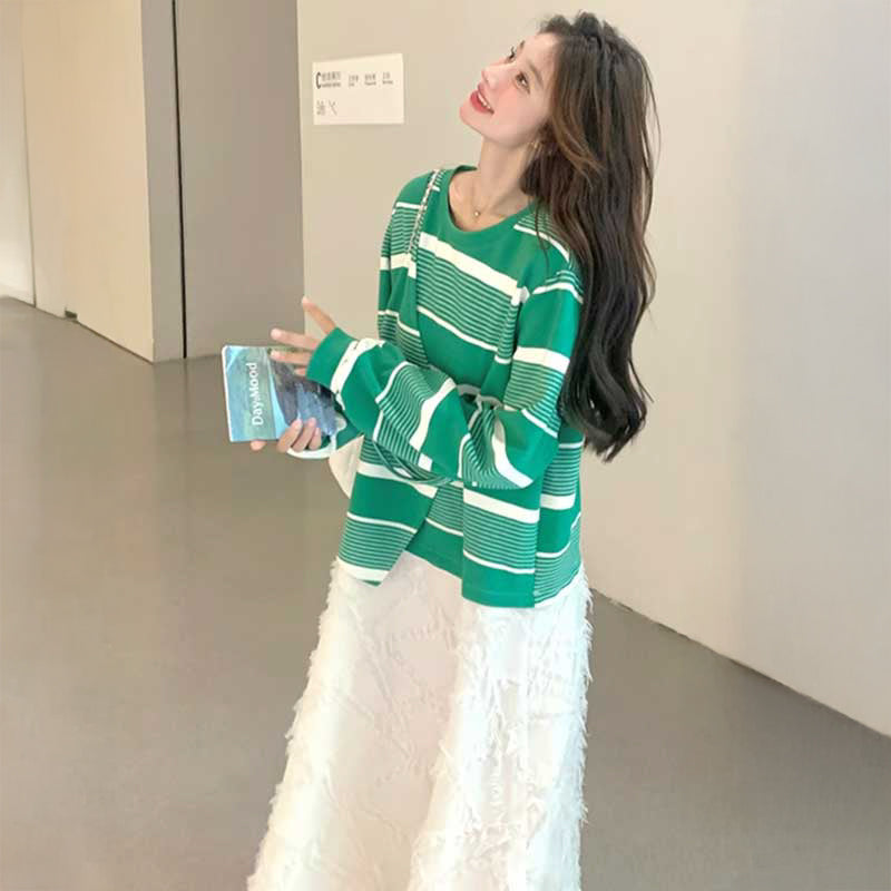 【美品】MONCLER　ボーダー異素材Aラインワンピース Aライントップボーダーワンピース（緑・白）春/秋 フェイクツーピース