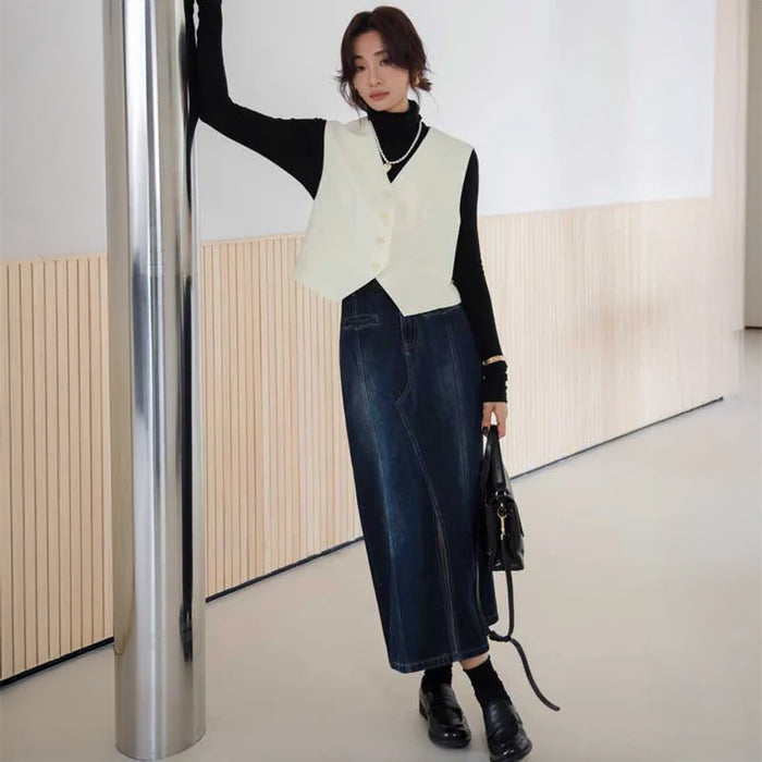 センタースリットデニムスカート（青）大人っぽデニムスカート