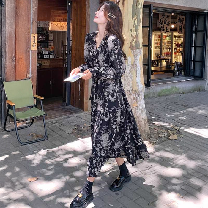 シックフラワーシフォンワンピース