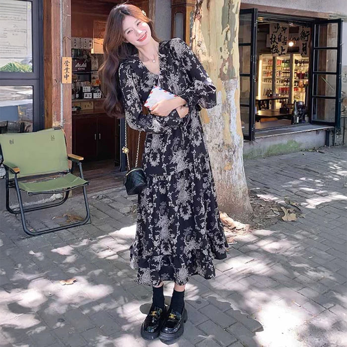 シックフラワーシフォンワンピース