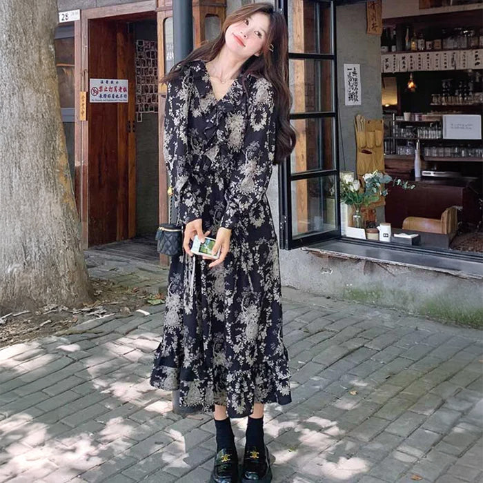 シックフラワーシフォンワンピース