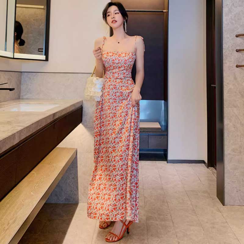 小花柄ロングフレアワンピース