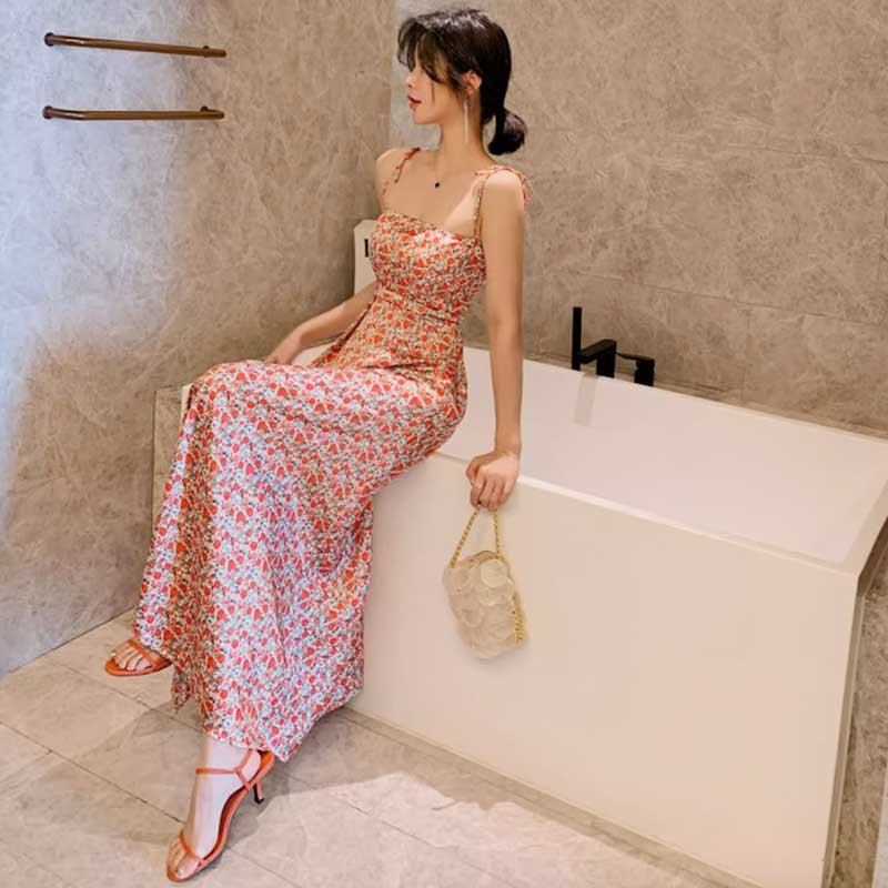 小花柄ロングフレアワンピース