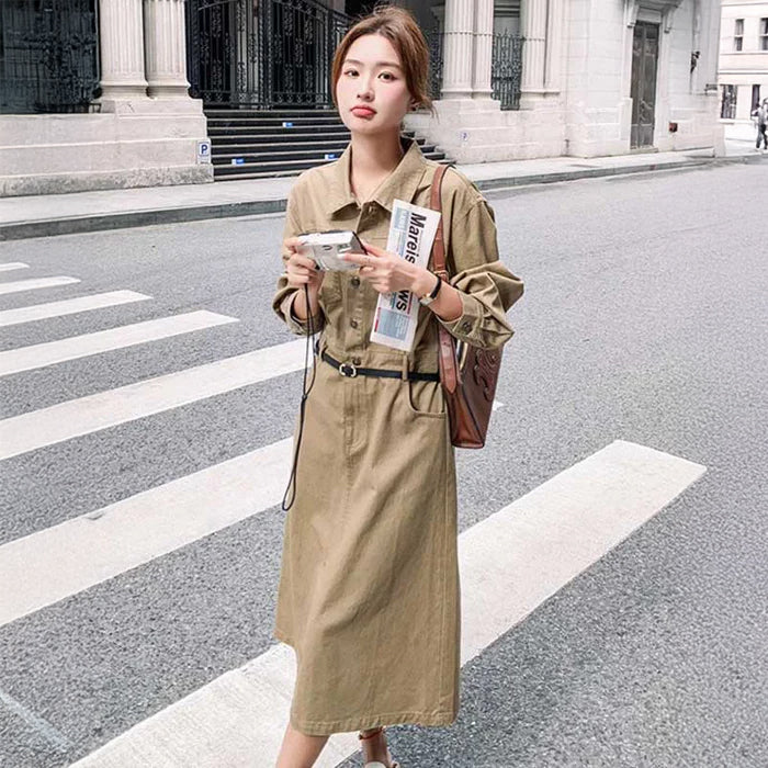 カジュアルサファリワンピース（ベージュ）春/秋 ミリタリーテイストで