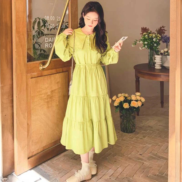 スクエアカラーワンピース（緑）春/秋 ロマンチックなデザイン