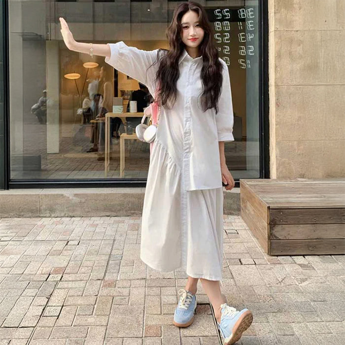 アシンメトリーシャツワンピース(2colors)（白・青）春/秋 抜け感ワンピ