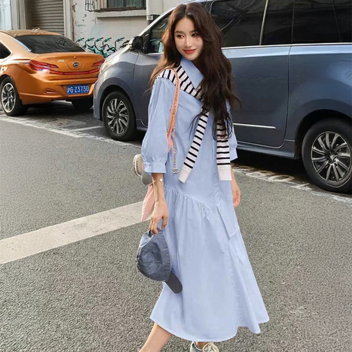 アシンメトリーシャツワンピース(2colors)（白・青）春/秋 抜け感ワンピ