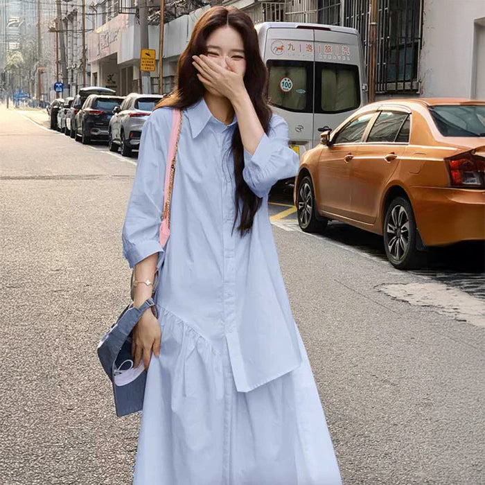 アシンメトリーシャツワンピース(2colors)（白・青）春/秋 抜け感ワンピ