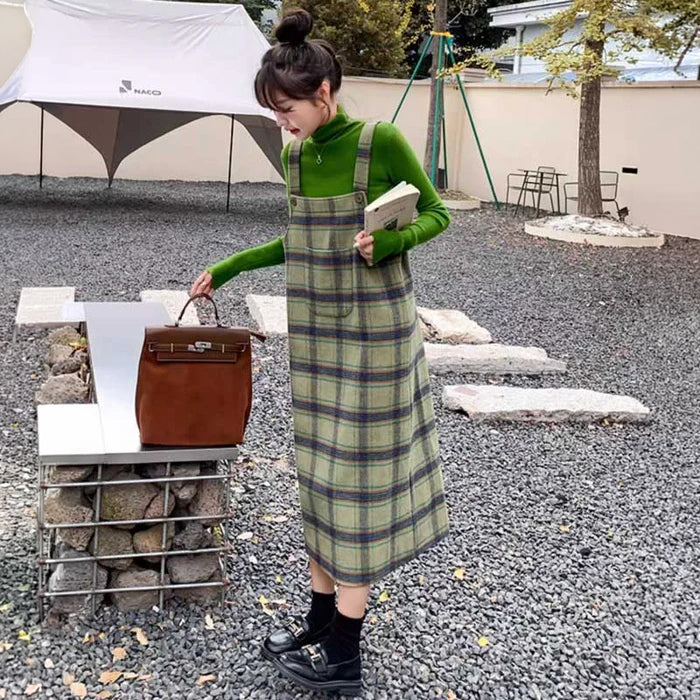 チェックサスペンダーサロペット（緑） あったか素材