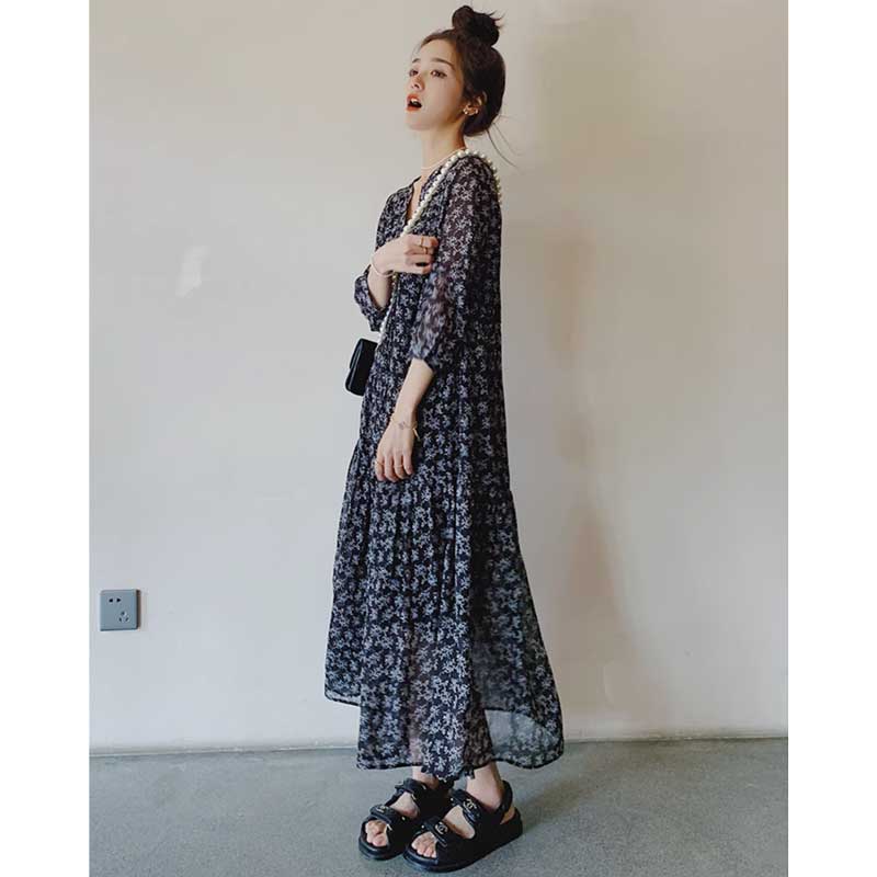 花柄シフォンティアードワンピース