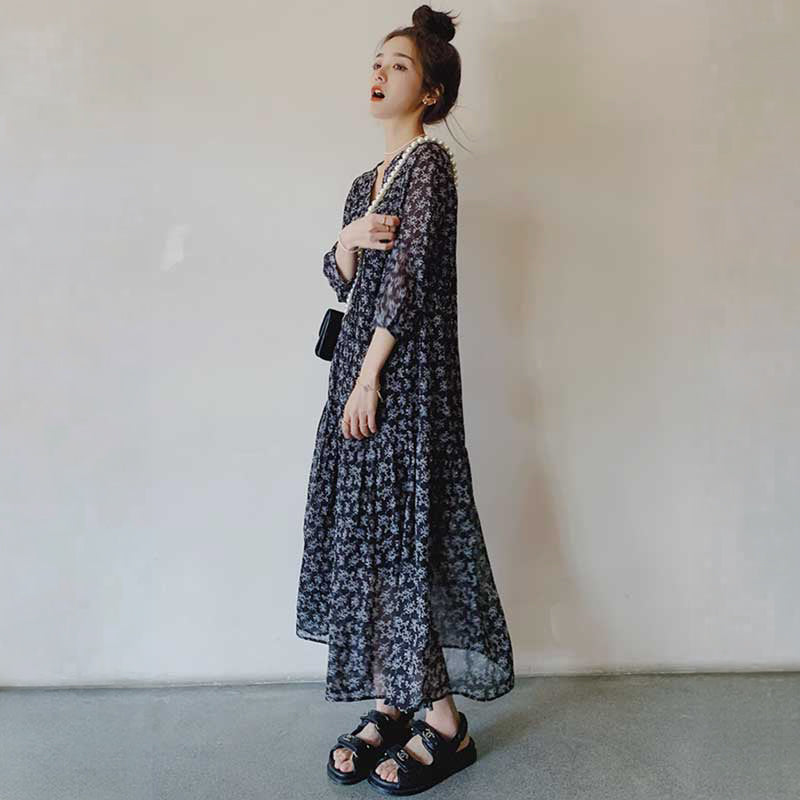 花柄シフォンティアードワンピース