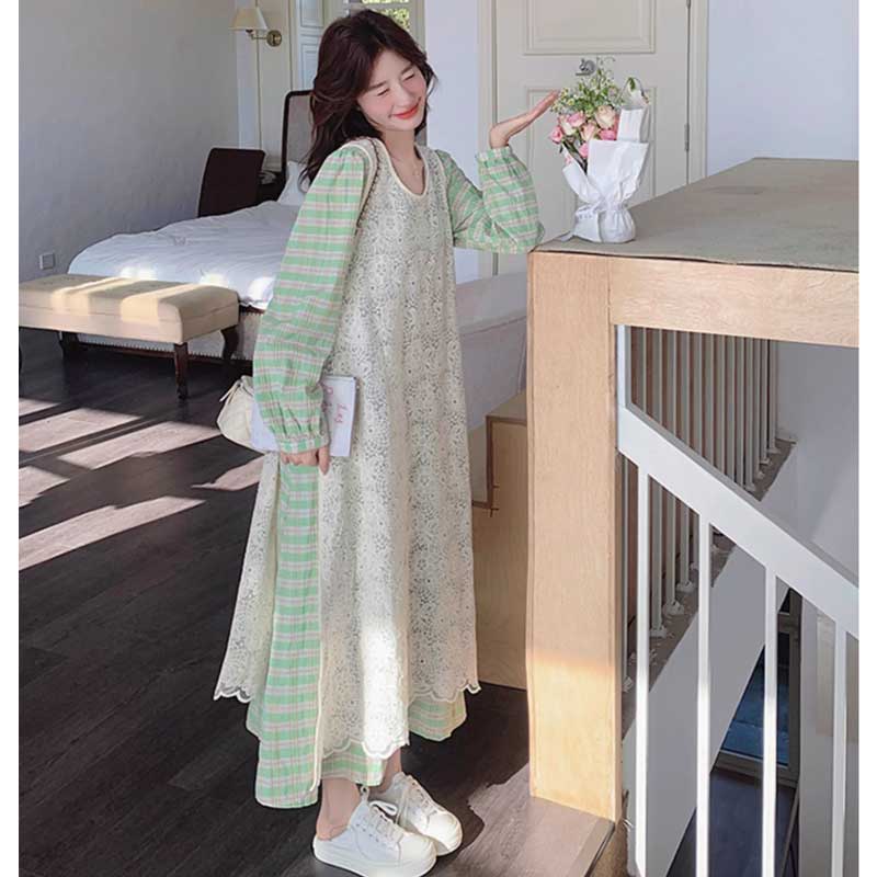 グリーンチェックレイヤードワンピース