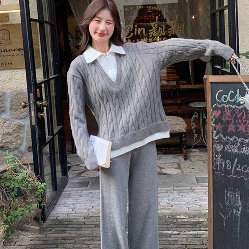 ケーブルニットセットアップ(2colors)（灰・黒）秋/冬 週末の