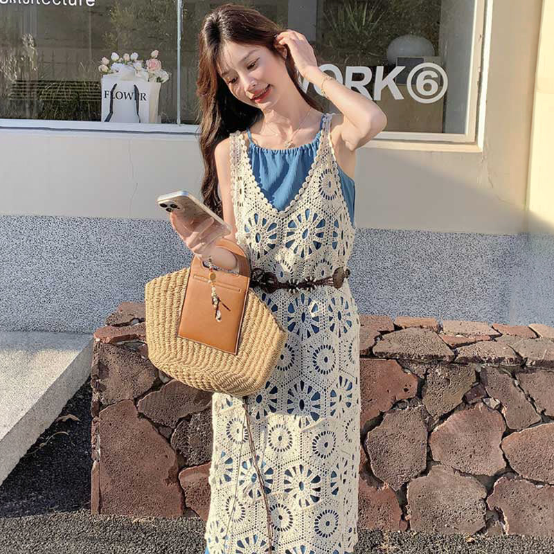 k.i　美品BARNEYS NEW YORK レイヤードワンピース サマーレースニットレイヤードワンピース（青・白）春/夏 レトロな