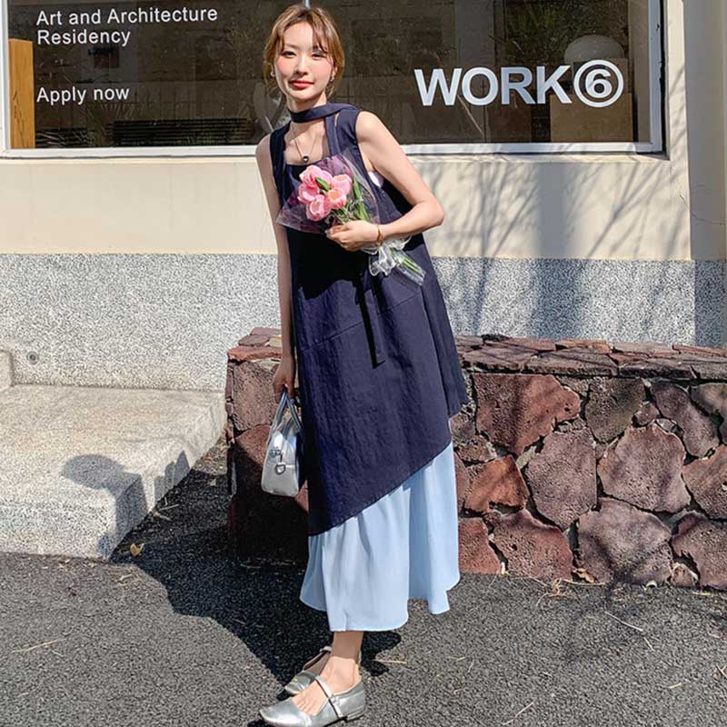 ネイビーコンビネーションワンピース