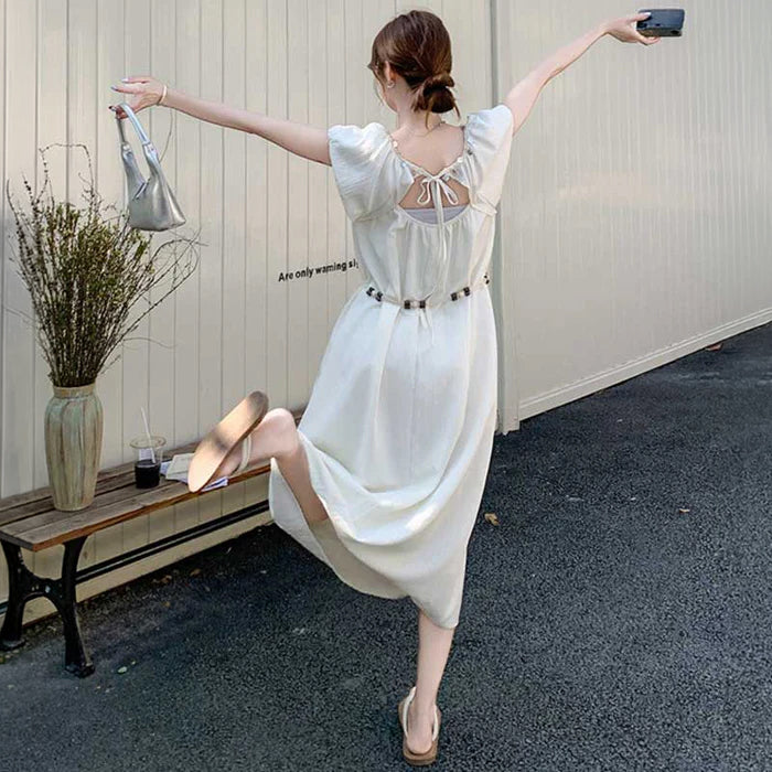 阪*ん様 レリアンボタニカルノースリーブ ワンピース ウエストリボン 17+XL エスニックウエストリボンワンピース（白）春/夏 風を感じる柔らかな装い