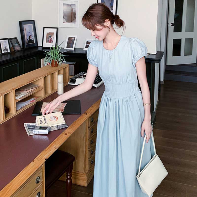 フレンチパフギャザーワンピース（青）春/夏 爽やかな初夏の装い