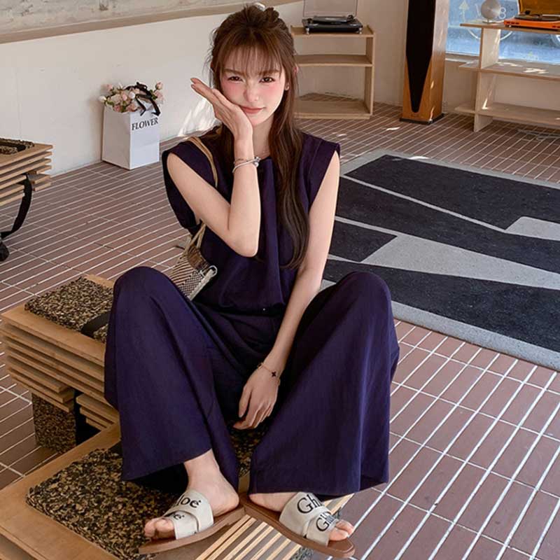 割引購入 ネイビーワイドレッグセットアップ（紺）春/夏 大人の抜け感スタイル トップス