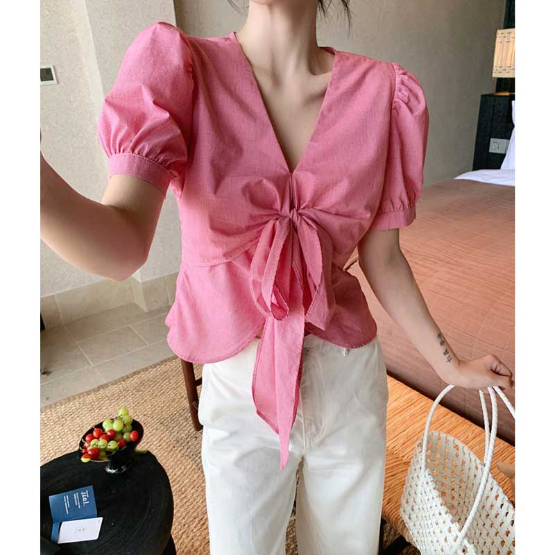Vネックフロントリボントップス(2colors)