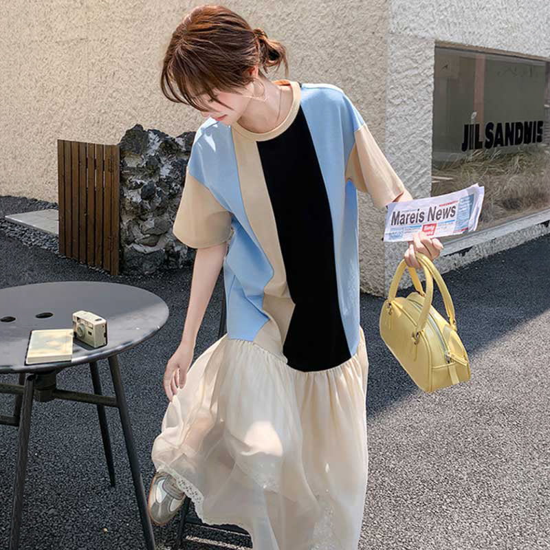 カラーブロックミディワンピース