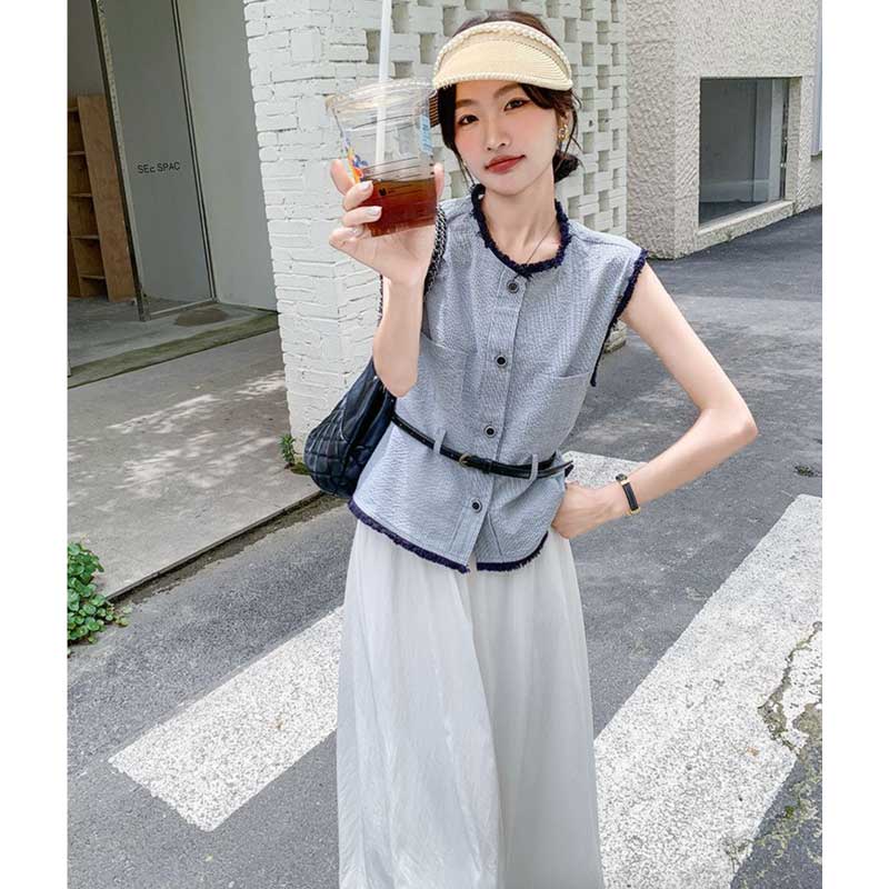 セットアップ ノースリーブトップス ロングスカート ノースリーブトップス×ロングフレアスカート(灰・白)春/夏