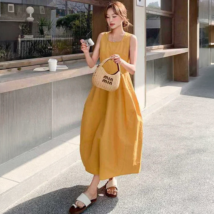 ノースリーブフレアロングワンピース（黄）春/夏 夏の太陽に映える1枚