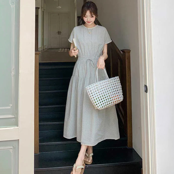 24年✨FOXEY KARINA チェック 半袖フレアワンピース ホワイト 38 チェックフレアワンピース（灰）春/夏 爽やかなチェック