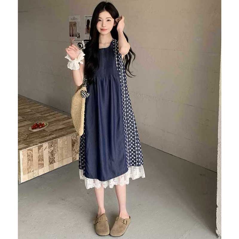 新品☆LL紺×黒系♪重ね着風レース切替スタンドカラー上品ワンピース♪☆a517 新品☆LL紺×黒系♪重ね着風レース切替スタンドカラー上品