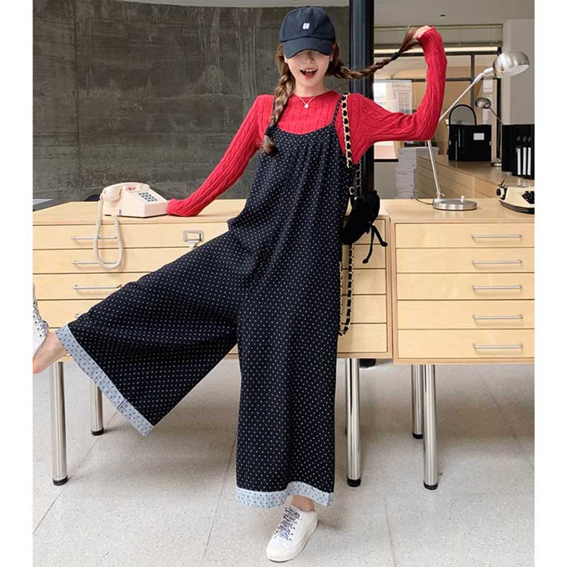 ドット柄ワイドサロペットパンツ