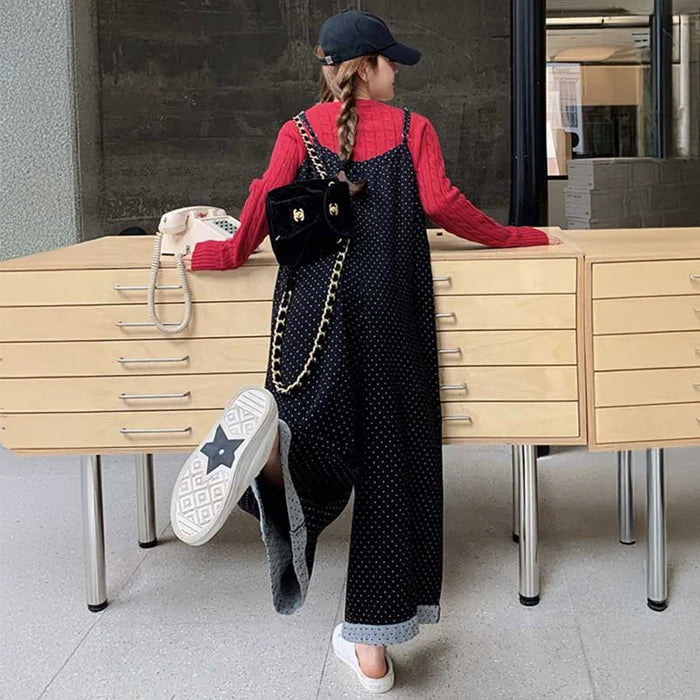 ドット柄ワイドサロペットパンツ