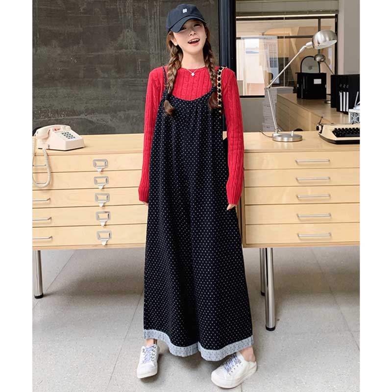 ドット柄ワイドサロペットパンツ