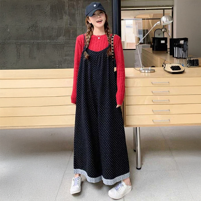 ドット柄ワイドサロペットパンツ