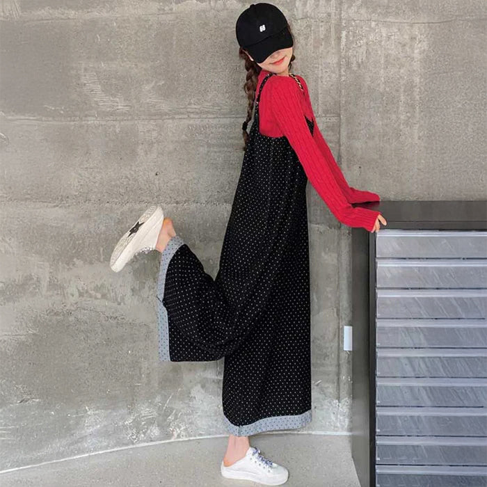 ドット柄ワイドサロペットパンツ