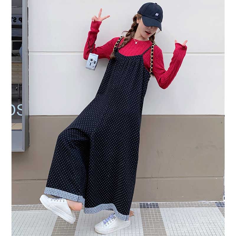 ドット柄ワイドサロペットパンツ