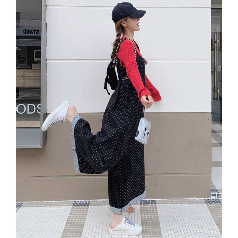 ドット柄ワイドサロペットパンツ