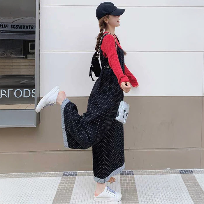 ドット柄ワイドサロペットパンツ