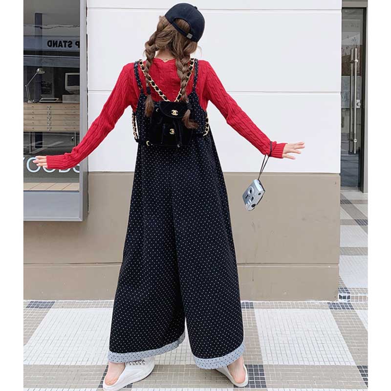 ドット柄ワイドサロペットパンツ
