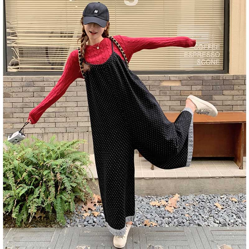 ドット柄ワイドサロペットパンツ