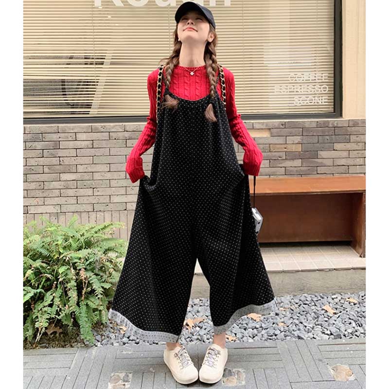 ドット柄ワイドサロペットパンツ