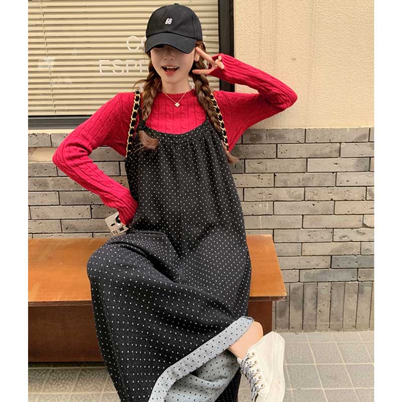 ドット柄ワイドサロペットパンツ