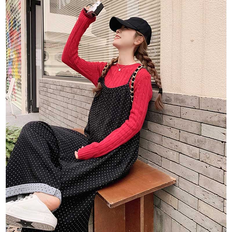 ドット柄ワイドサロペットパンツ
