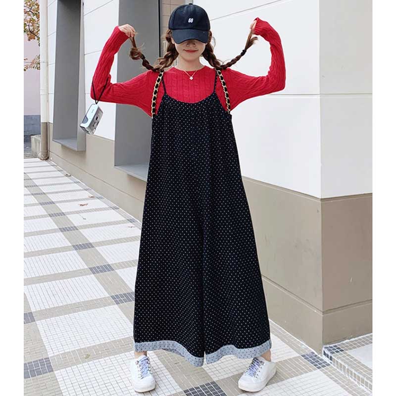 ドット柄ワイドサロペットパンツ