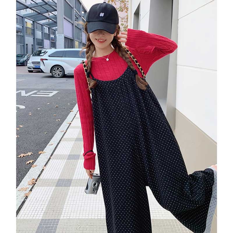 ドット柄ワイドサロペットパンツ
